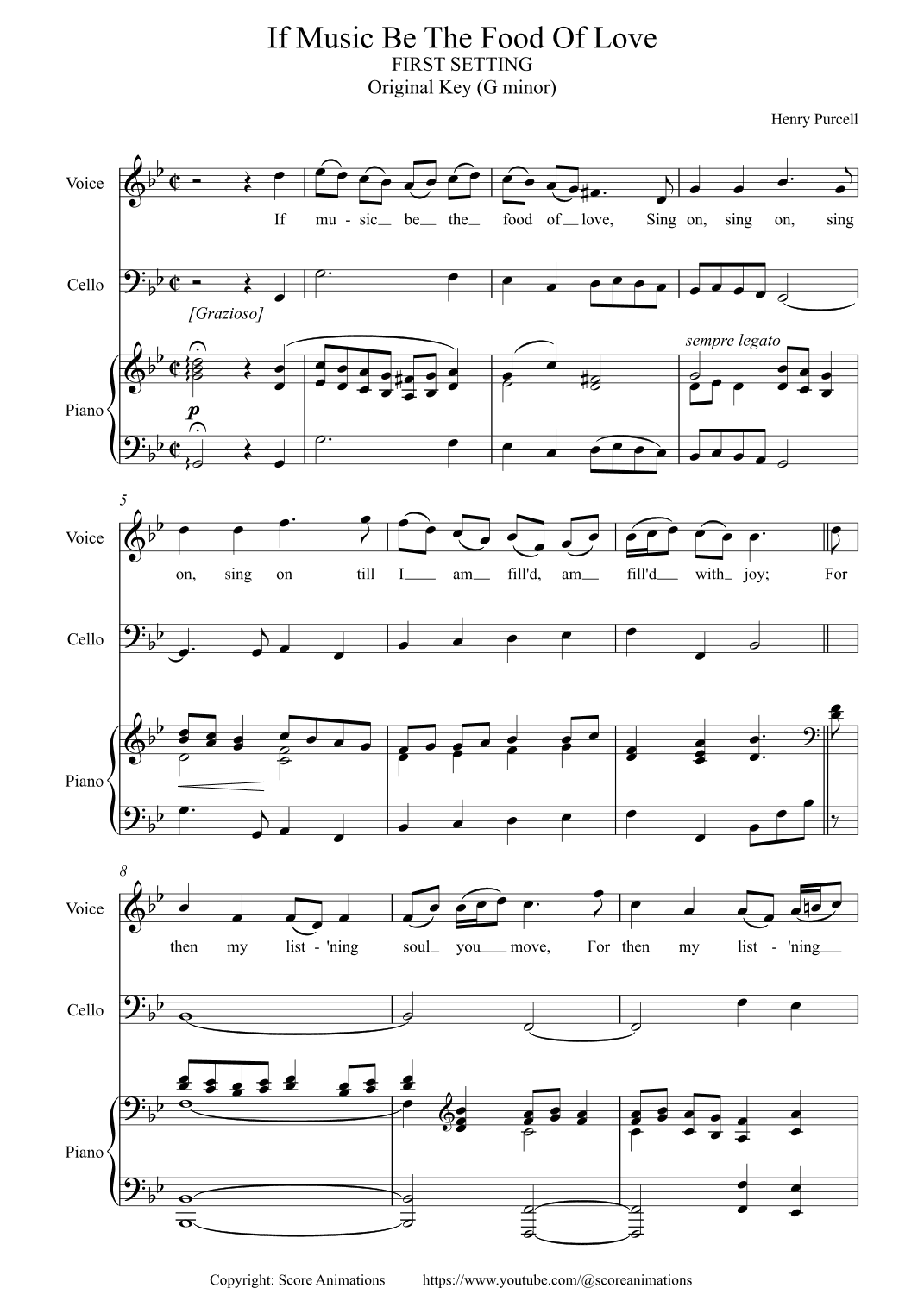 PURCELL: “If Music Be The Food Of Love“ 1st setting Original key G minor (arr. Score Animations)
