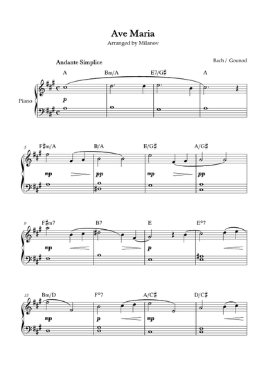 Ave Maria Bach Gounod in A Easy Beginner Piano Chord (arr. Milanov)