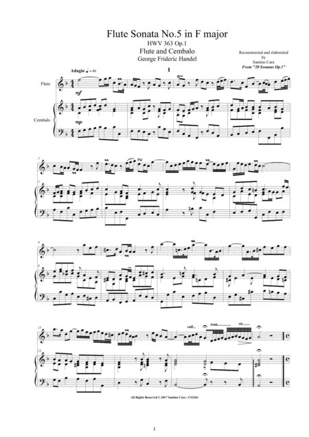 Handel - Flute Sonata No.5 in F major HWV 363 Op.1 for Flute and Cembalo or Piano (arr. Santino Cara)