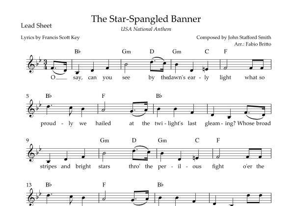 The Star Spangled Banner (USA National Anthem) Lead Sheet (Bb Major) (arr. Fabio Britto)