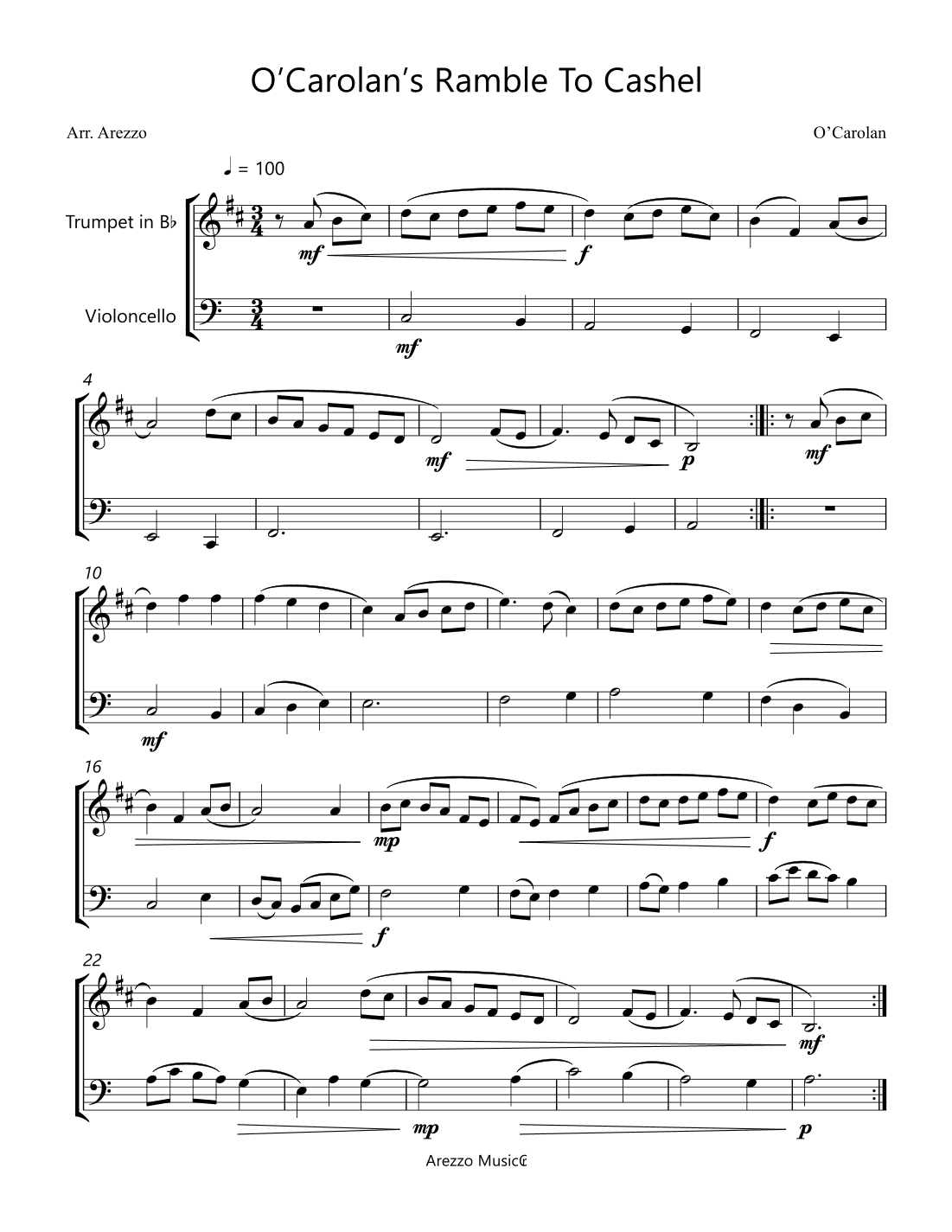 o'carolan ramble to cashel - trumpet and cello sheet music turlough'o carolan (arr. Arezzo Music)