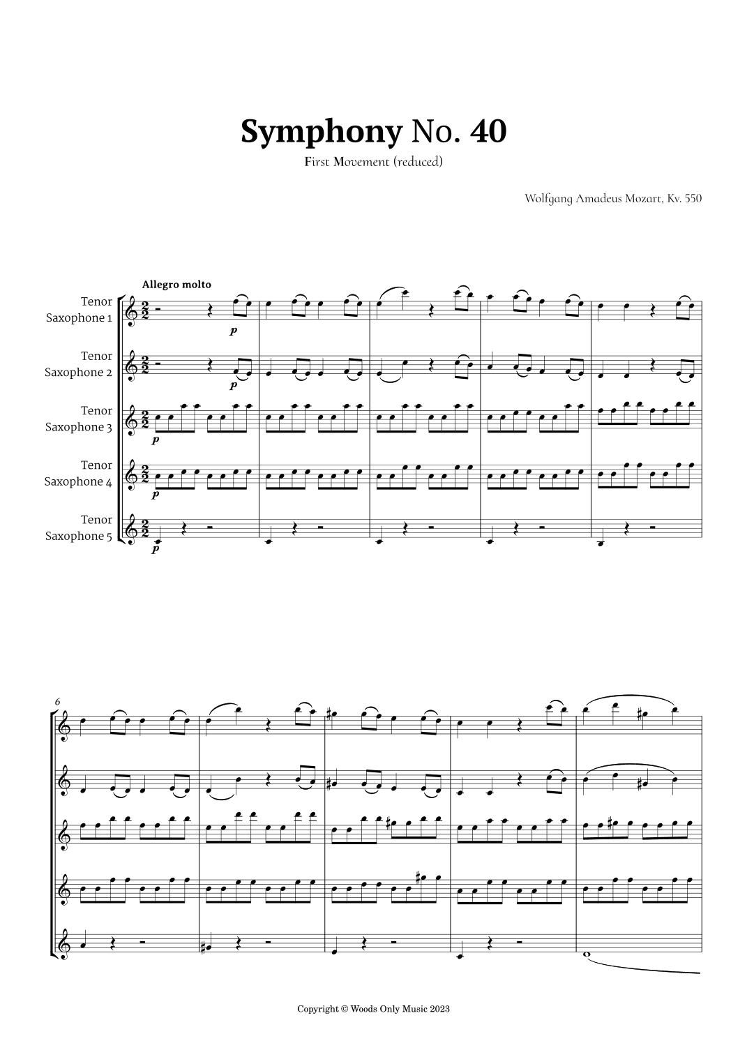 Symphony No. 40 by Mozart for Tenor Sax Quintet (arr. Ander)