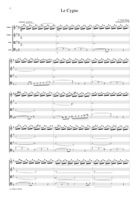 Saint-Saens  Le Cygne (The Swan), for string quartet, CS401 (arr. FCMUSIC)