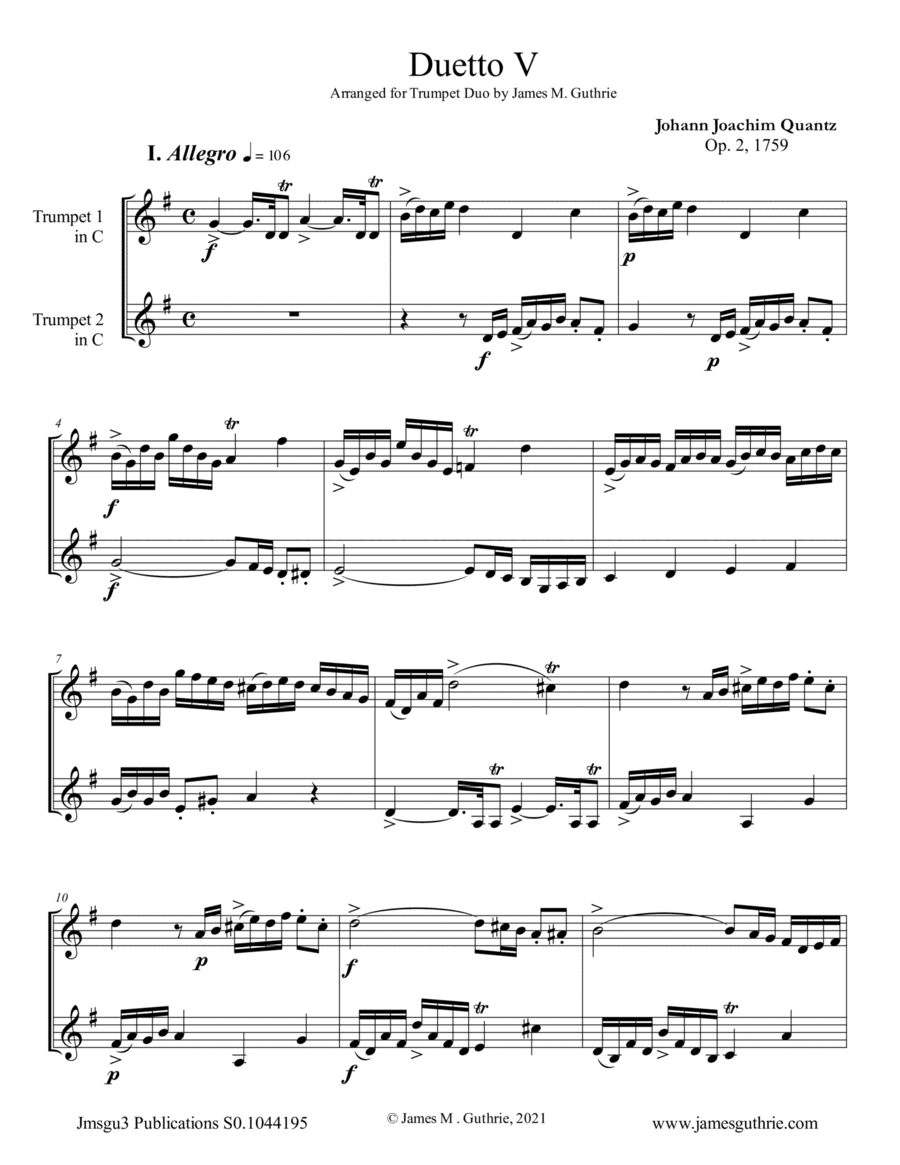 Quantz: Duetto Op. 2 No. 5 for Trumpet Duo (arr. James M. Guthrie)