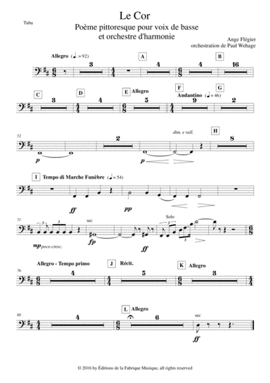 Ange Flégier: Le Cor for bass voice and concert band, tuba part (arr. Paul Wehage)