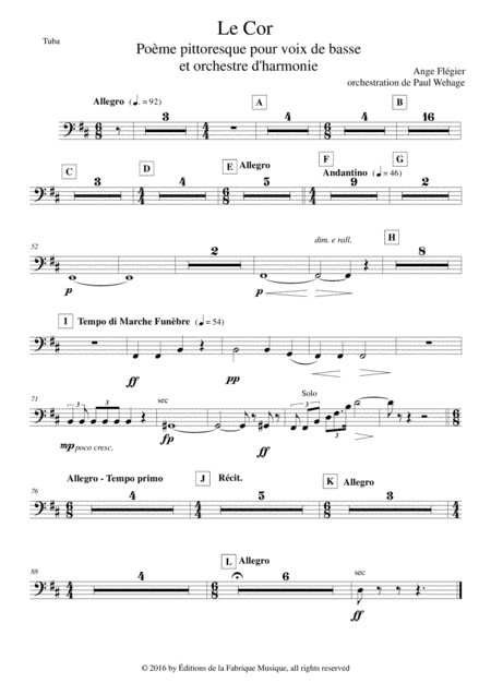 Ange Flégier: Le Cor for bass voice and concert band, tuba part (arr. Paul Wehage)