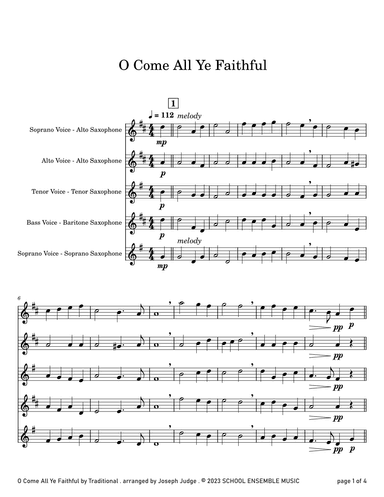 O Come All Ye Faithful for Saxophone Quartet in Schools (arr. Joseph Judge)