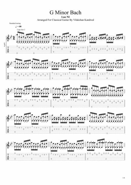 G Minor Bach (Classical Guitar Tabs/Score) (arr. Vilakshan Kandwal)