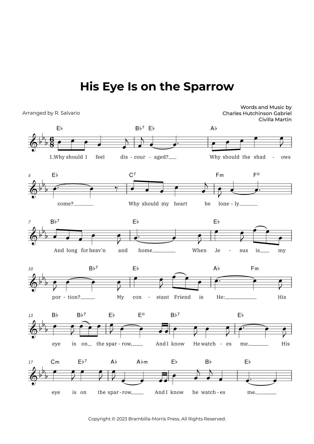 His Eye Is on the Sparrow (Key of E-Flat Major) (arr. R. Salvario)