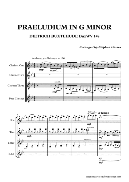 Praeludium & Fugue in G Minor by Dietrich Buxtehude (Buxwv148) for Clarinet Quartet. (arr. Stephen Davies)