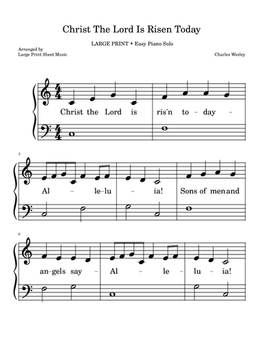 Christ The Lord Is Risen Today • LARGE PRINT • Easy Piano Solo (arr. Large Print Sheet Music)