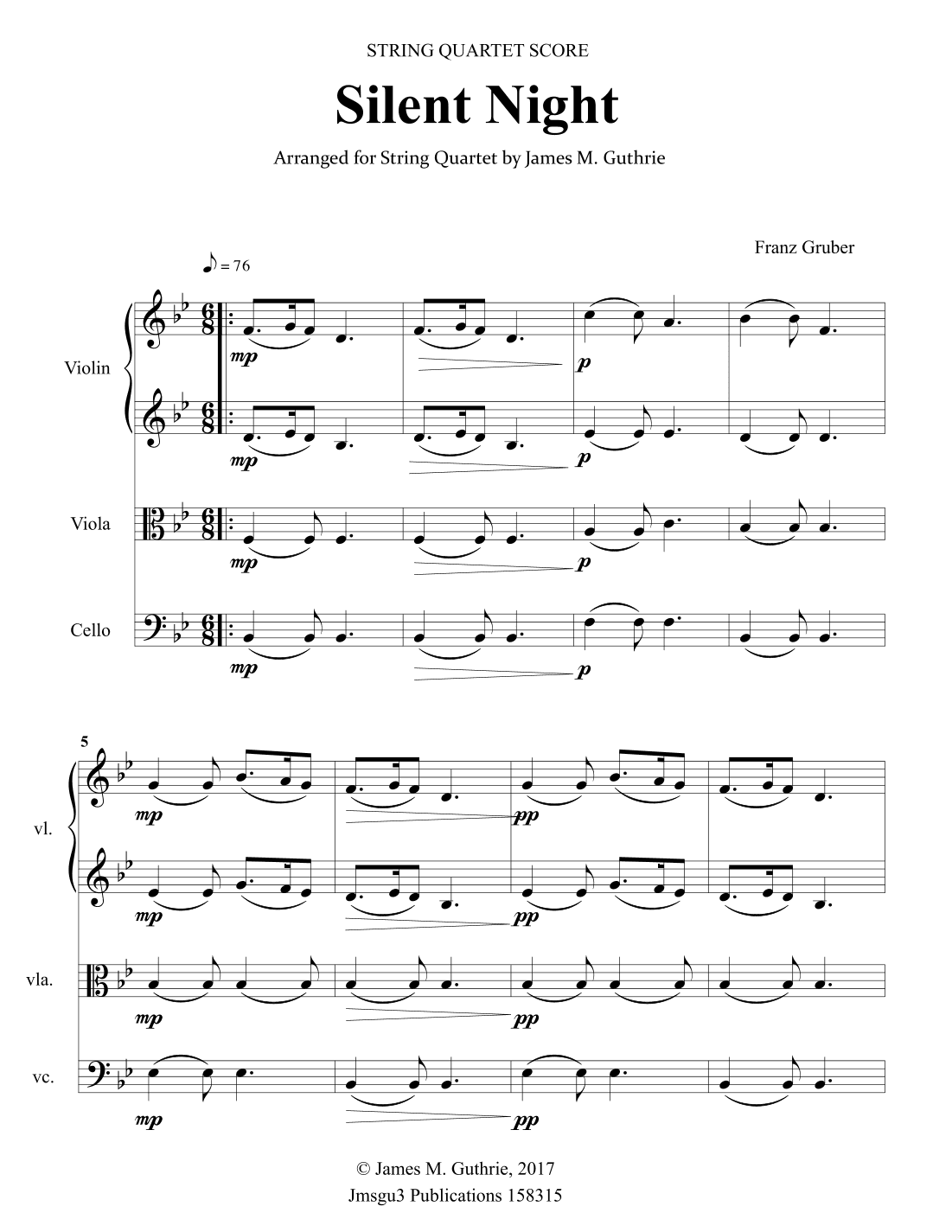 Silent Night for String Quartet (arr. James M. Guthrie, ASCAP)