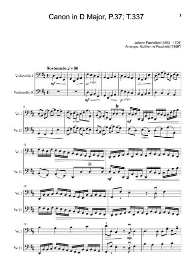 Canon in D Major, P.37; T.337. Arranged for Violoncello Duet (arr. Guilherme Facchetti)