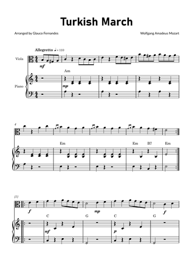 Turkish March by Mozart - Viola and Piano with Chord Notations (arr. Glauco Fernandes)