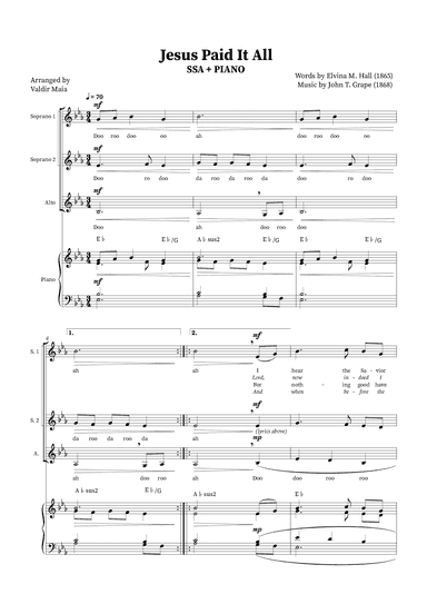 Jesus Paid It All - SSA Trio or Choir (Piano accompaniment + Chords) (arr. Valdir Maia)