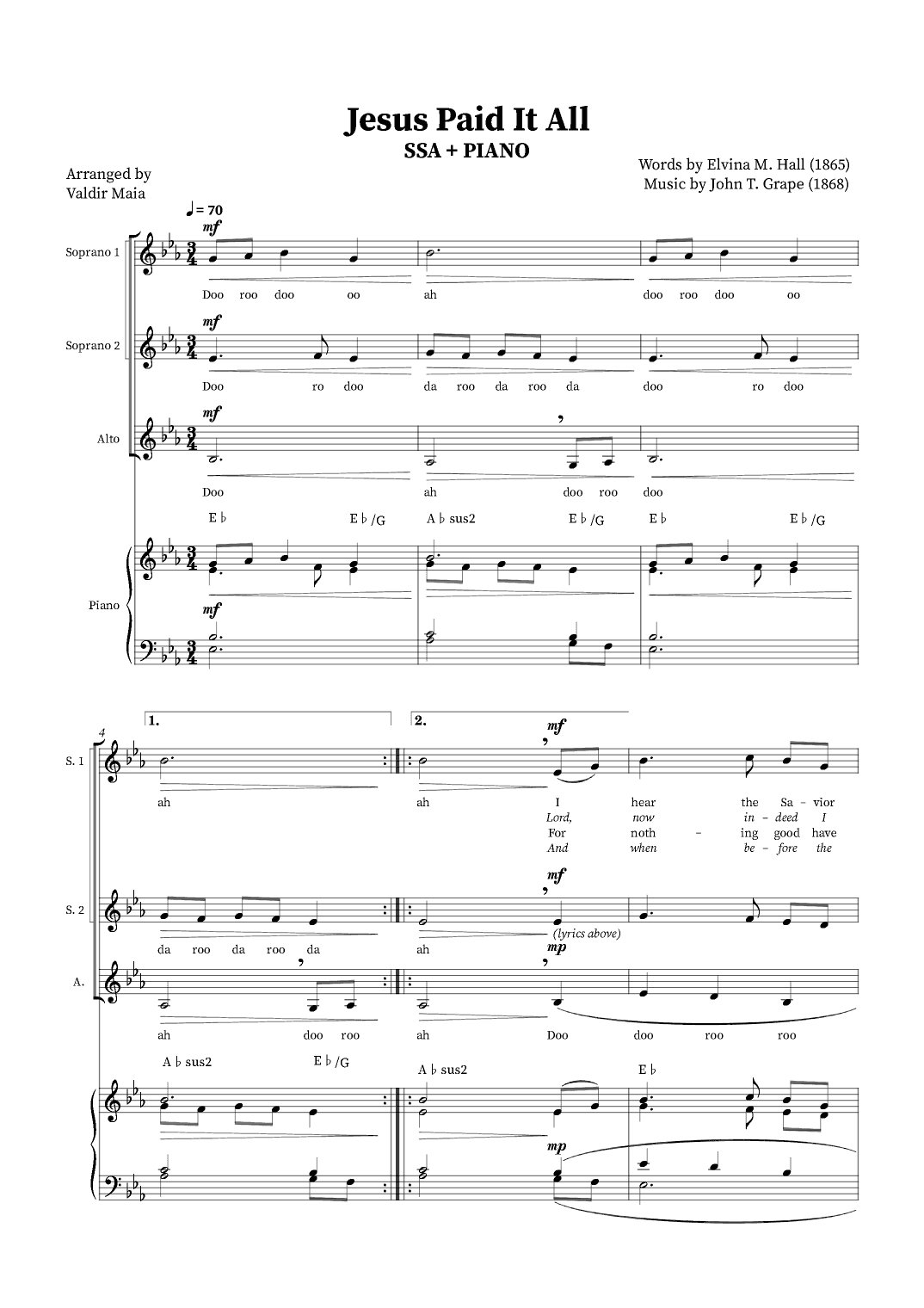 Jesus Paid It All - SSA Trio or Choir (Piano accompaniment + Chords) (arr. Valdir Maia)