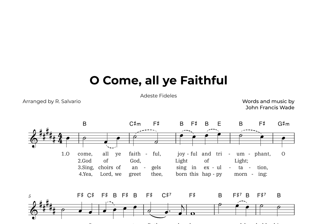 O Come, all ye Faithful - Adeste Fideles (Key of B Major) (arr. R. Salvario)