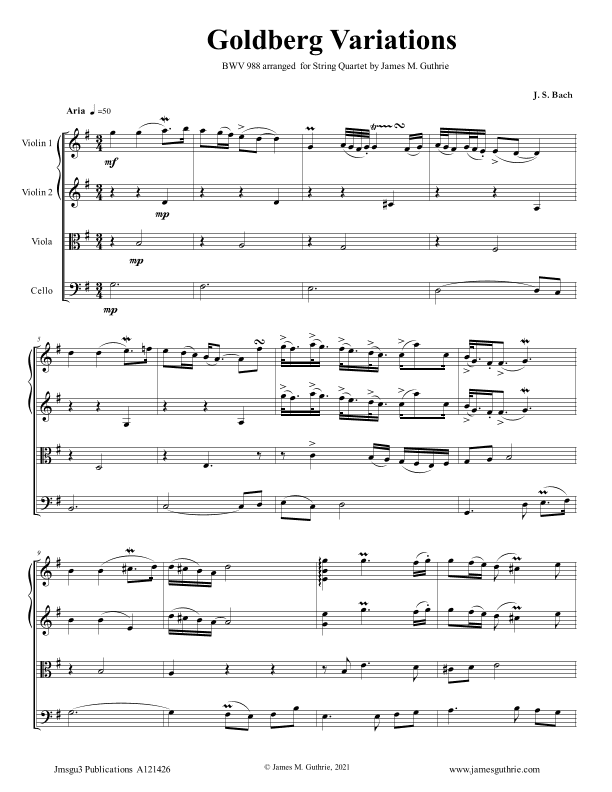 Bach: The Goldberg Variations BWV 988 Complete for String Quartet (arr. James M. Guthrie)