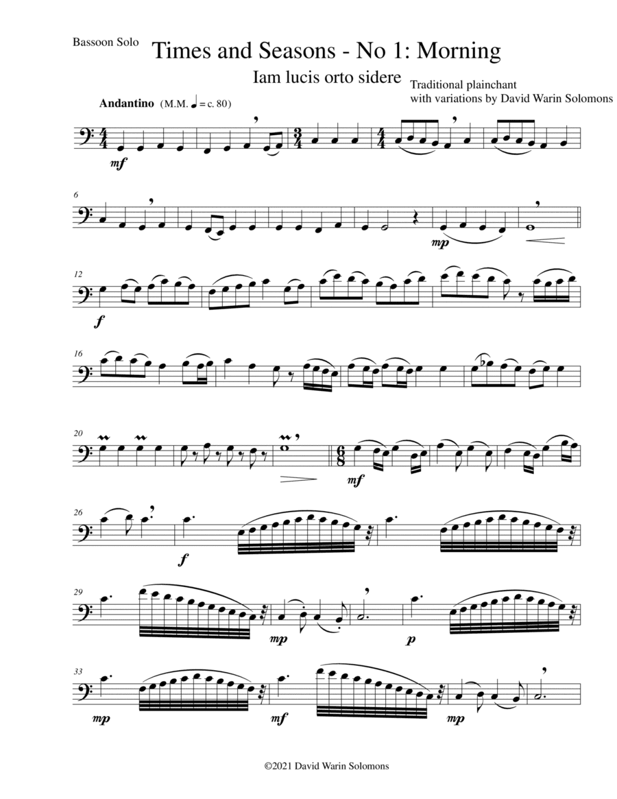 Times and Seasons for bassoon solo No 1: Morning (arr. David Warin Solomons)