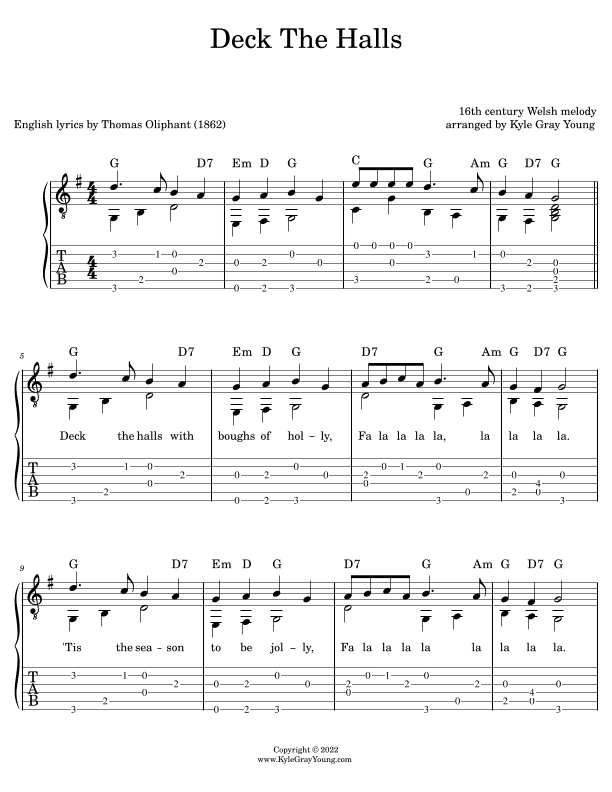 Deck The Halls (easy fingerstyle guitar tablature) (arr. Kyle Gray Young)