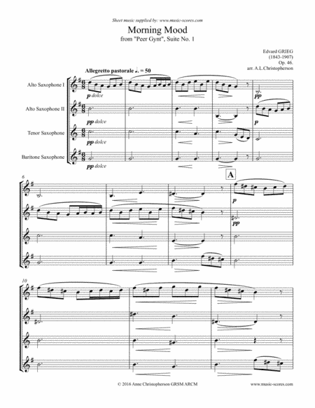 Morning Mood: Op.46, No.1: Sax Quartet (arr. Anne L Christopherson GRSM ARCM)