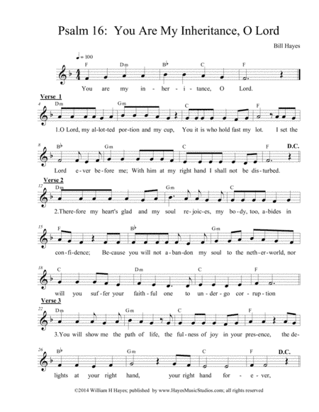 Psalm 16:  You Are My Inheritance, O Lord (Easter Vigil 2nd psalm, leadsheet)