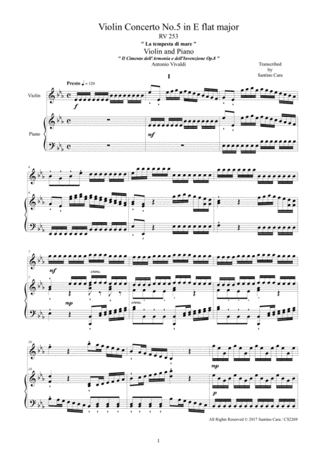 Vivaldi - Violin Concerto No.5 in E flat - La tempesta di mare - RV 253 Op.8 for Violin and Piano (arr. Santino Cara)