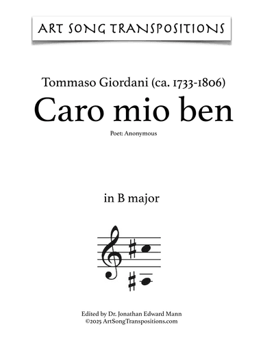 GIORDANI: Caro mio ben (transposed to B major) (arr. ArtSongTranspositions.com)