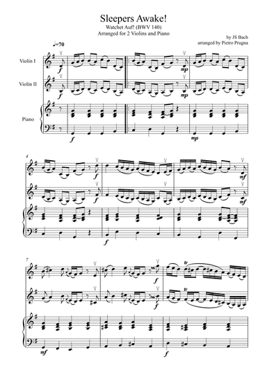 Sleepers Awake! (Wachet Auf!) (BWV 140) - for 2 Violins & Piano (Part of "I'll Second This" Series) (arr. Pietro Prugna)
