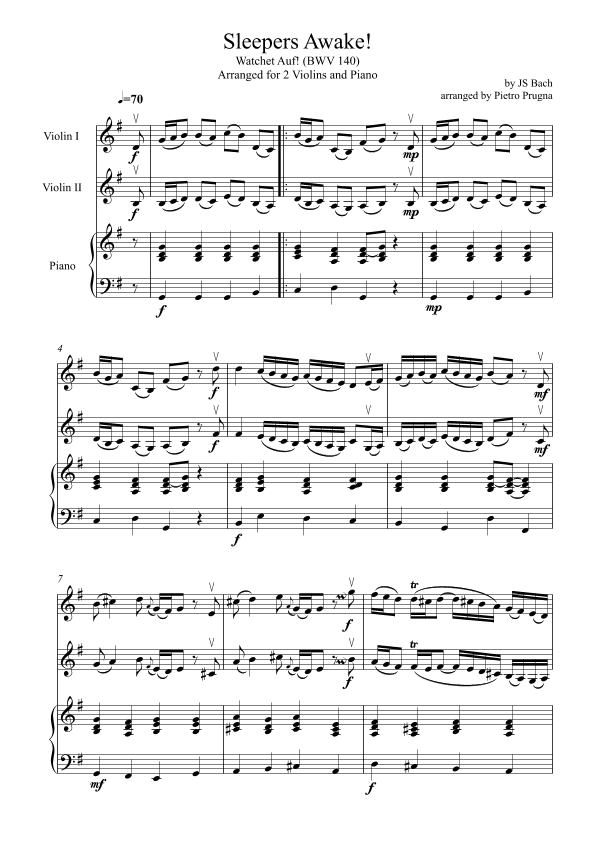 Sleepers Awake! (Wachet Auf!) (BWV 140) - for 2 Violins & Piano (Part of "I'll Second This" Series) (arr. Pietro Prugna)