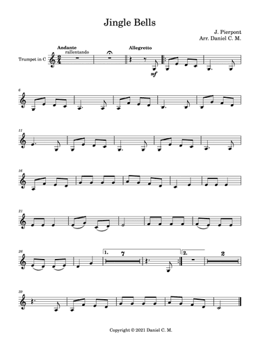 Jingle Bells for C trumpet and piano (easy) (arr. Daniel C. M.)