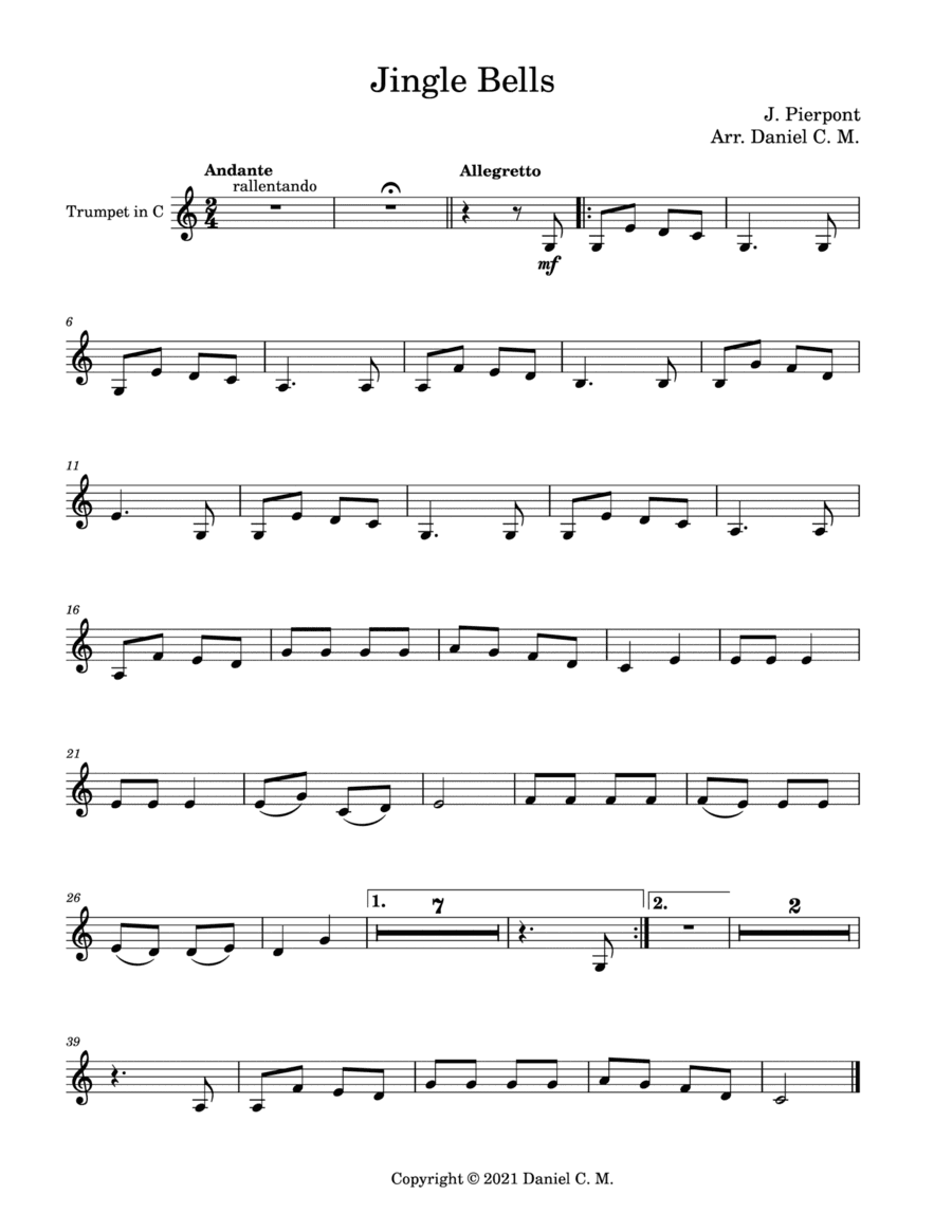 Jingle Bells for C trumpet and piano (easy) (arr. Daniel C. M.)