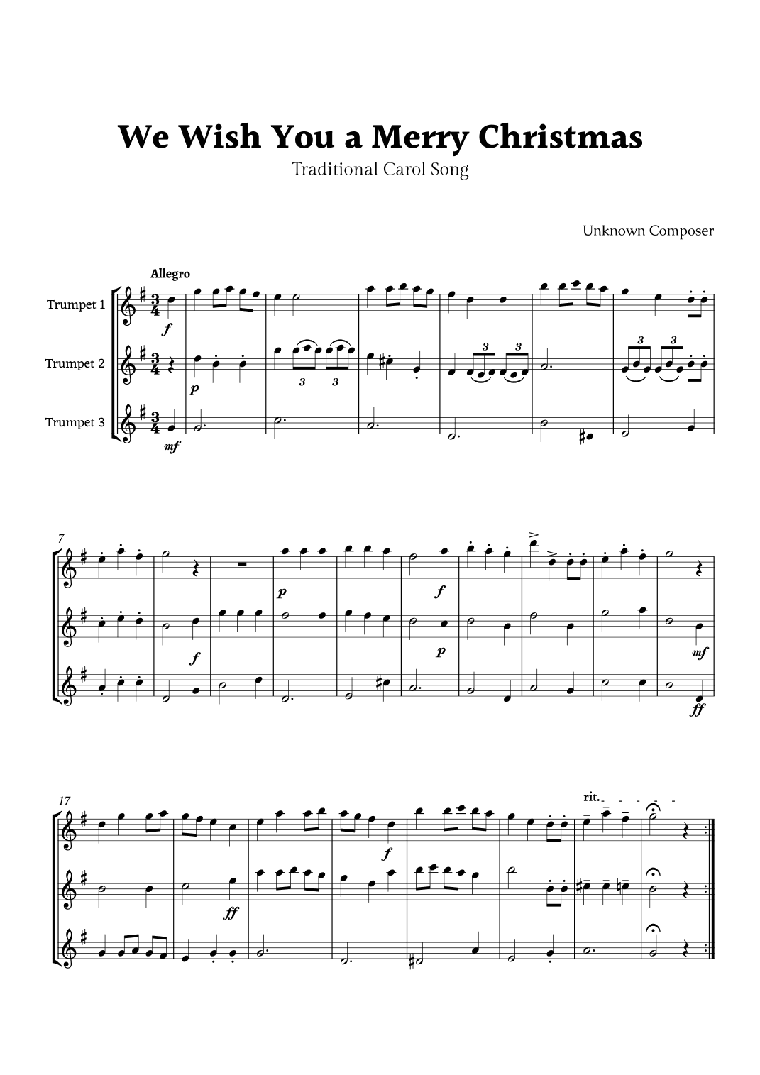 We Wish you a Merry Christmas for Trumpet Trio (arr. Rika K.)