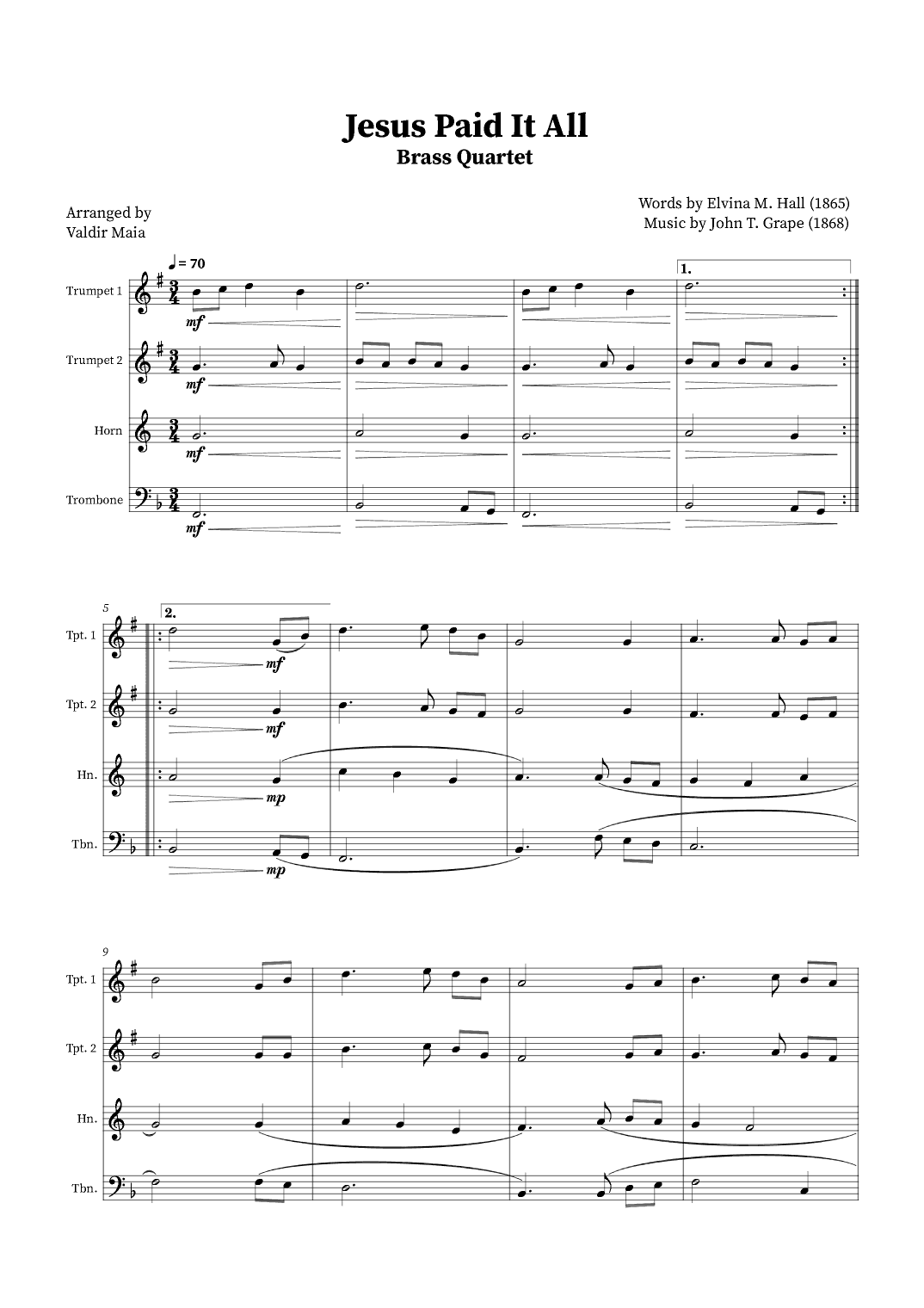 Jesus Paid It All - Brass Quartet (arr. Valdir Maia)