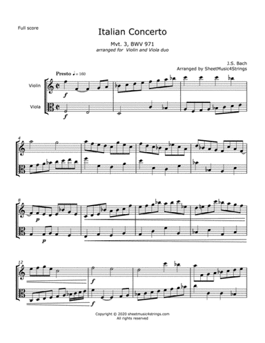 Bach, J.S. - Italian Concerto, Mvt. 3, arranged for Violin and Viola Duo (arr. Linda Scott)