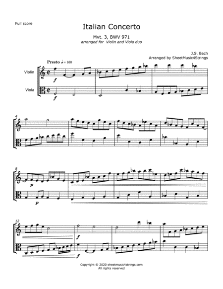 Bach, J.S. - Italian Concerto, Mvt. 3, arranged for Violin and Viola Duo (arr. Linda Scott)