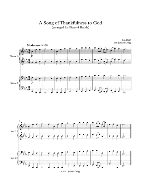 A Song of Thankfulness to God (arranged for Piano 4 Hands) (arr. Jordan Grigg)