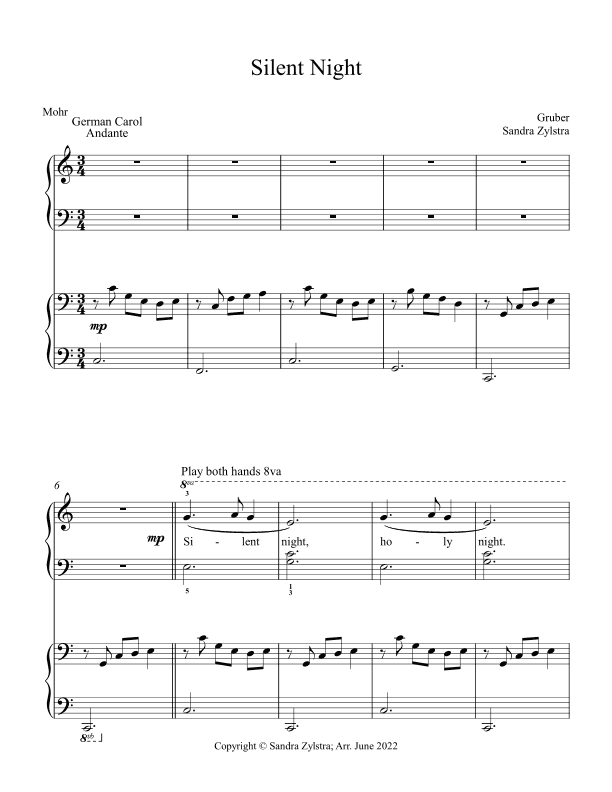 Silent Night (elementary piano with optional duet) (arr. Sandra Zylstra)