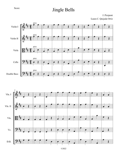 Jingle Bells. Easy. Open strings and first finger. Score & parts (arr. Laura C. Quijada Ortíz)