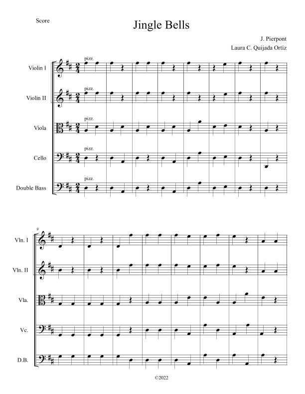 Jingle Bells. Easy. Open strings and first finger. Score & parts (arr. Laura C. Quijada Ortíz)