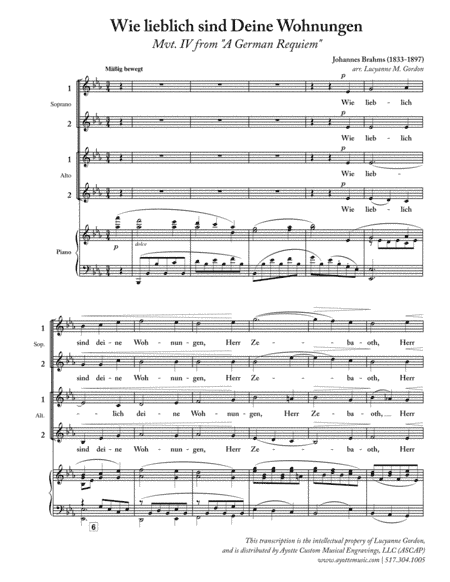 Wie Lieblich sind Deine Wohnungen (from "A German Requiem") for Women's Chorus (arr. Lucyanne Georger Gordon)