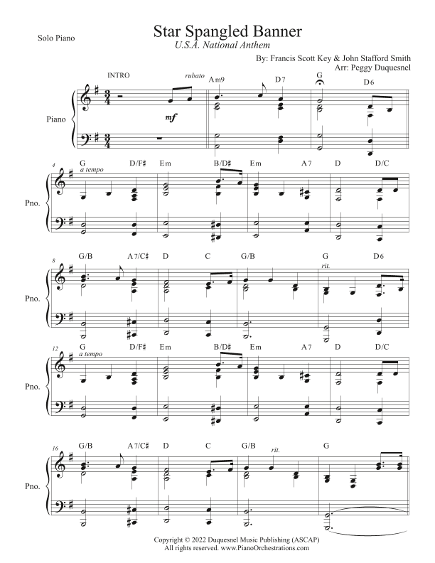 Star Spangled Banner (Key of G - Solo Piano) (arr. Peggy Duquesnel, Duquesnel Music Publishing, ASCAP)