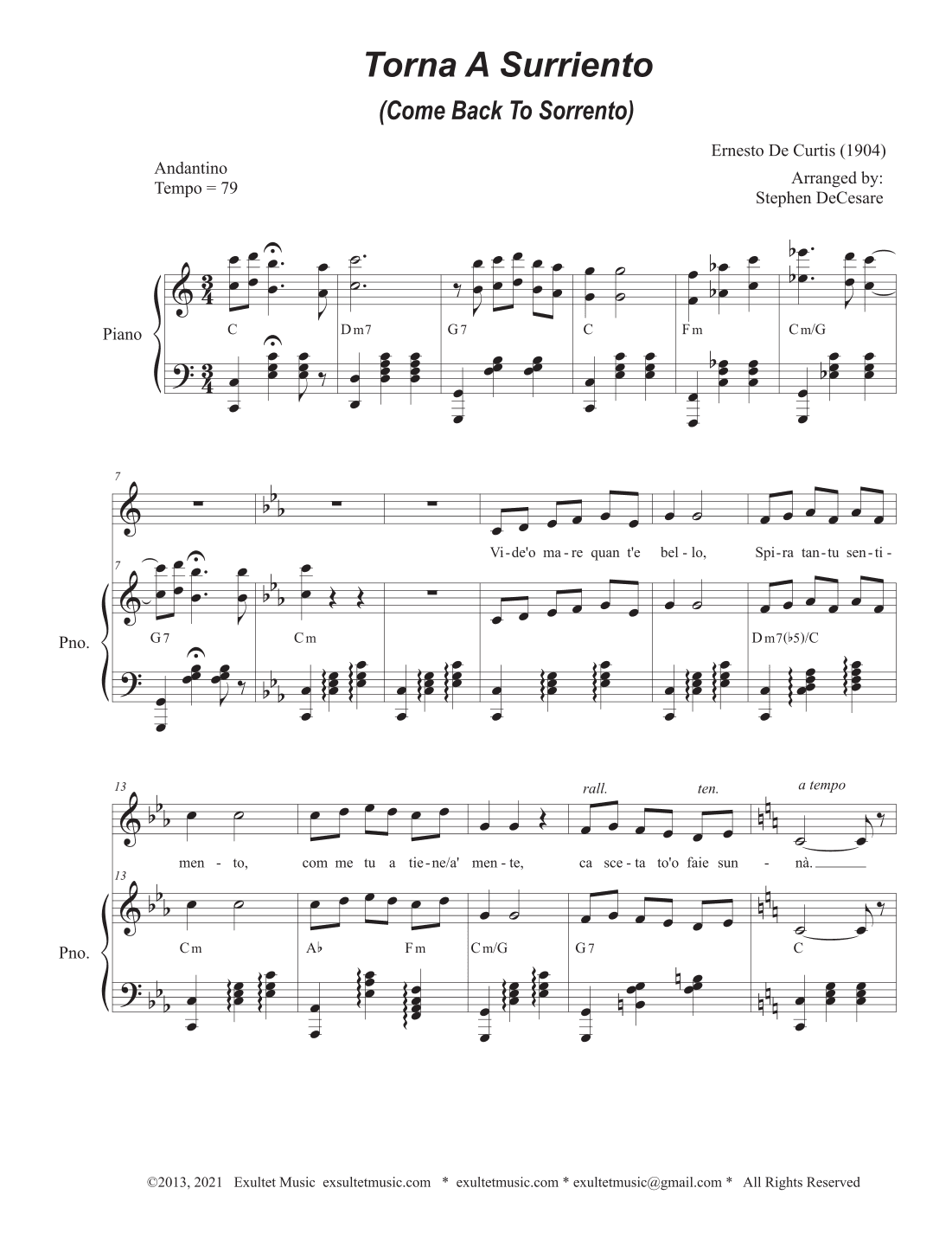 Torna A Surriento (Come Back to Sorrento) (Vocal solo - Medium Key) (arr. Stephen DeCesare)