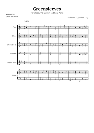 Greensleeves (For Woodwind Quartet with Easy Piano) (arr. Daniel Nakamura)