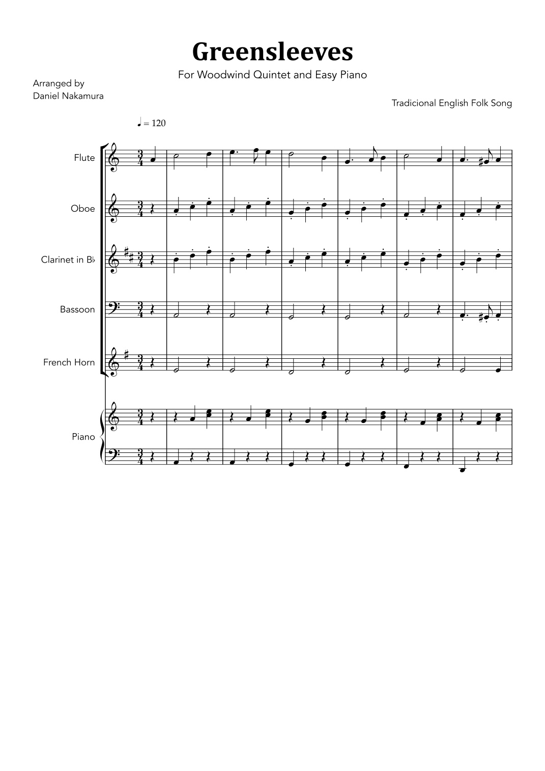 Greensleeves (For Woodwind Quartet with Easy Piano) (arr. Daniel Nakamura)