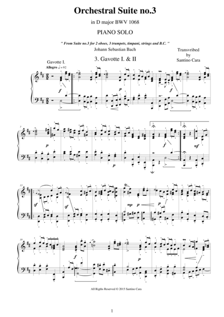 J.S.Bach - Orchestral Suite no.3 in D major BWV 1068 - 3. Gavotte - Piano version (arr. Santino Cara)