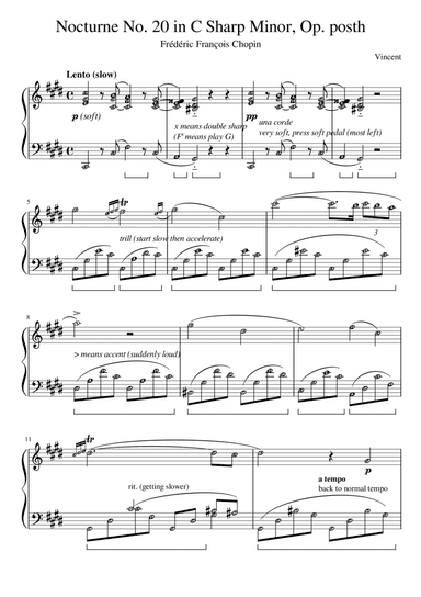 Nocturne No. 20 in C Sharp Minor (Chopin) | Grade 7 with note names & meanings of terms (arr. Published Harmony Valarie)