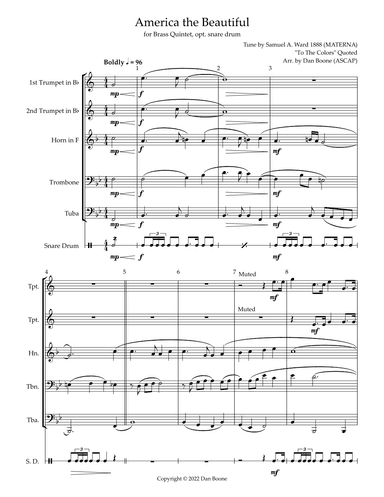 America the Beautiful for Brass Quintet (opt. snare drum) (arr. Dan Boone (ASCAP))