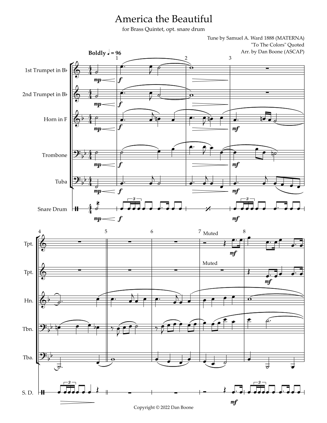 America the Beautiful for Brass Quintet (opt. snare drum) (arr. Dan Boone (ASCAP))