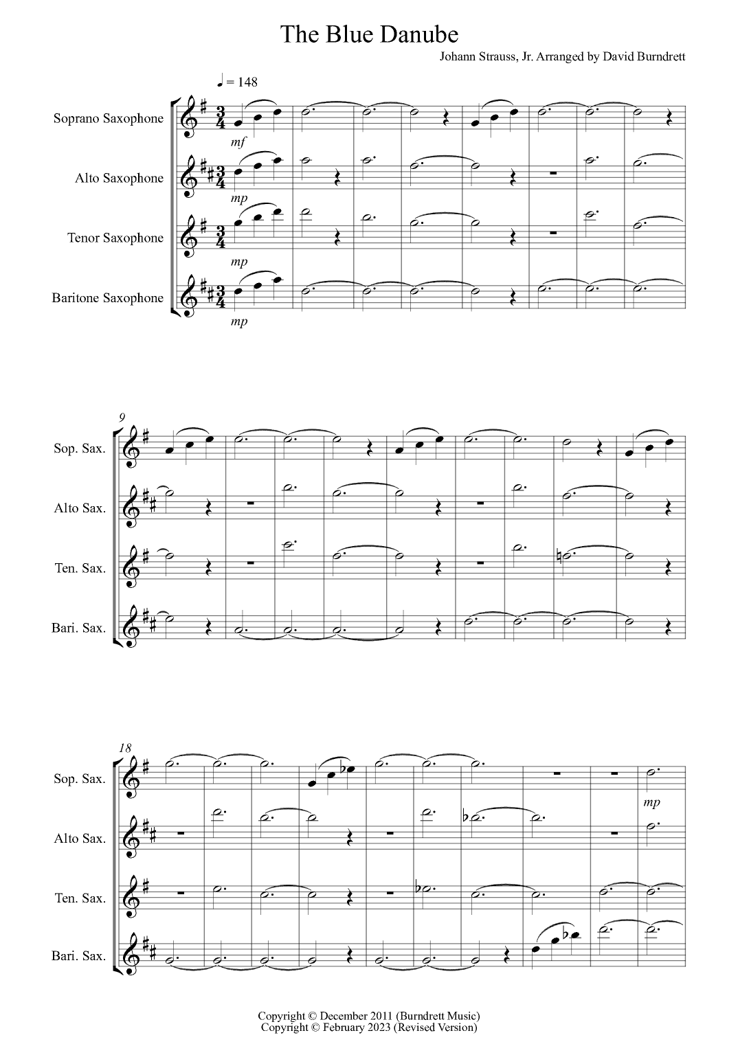 The Blue Danube for Saxophone Quartet (arr. David Burndrett)